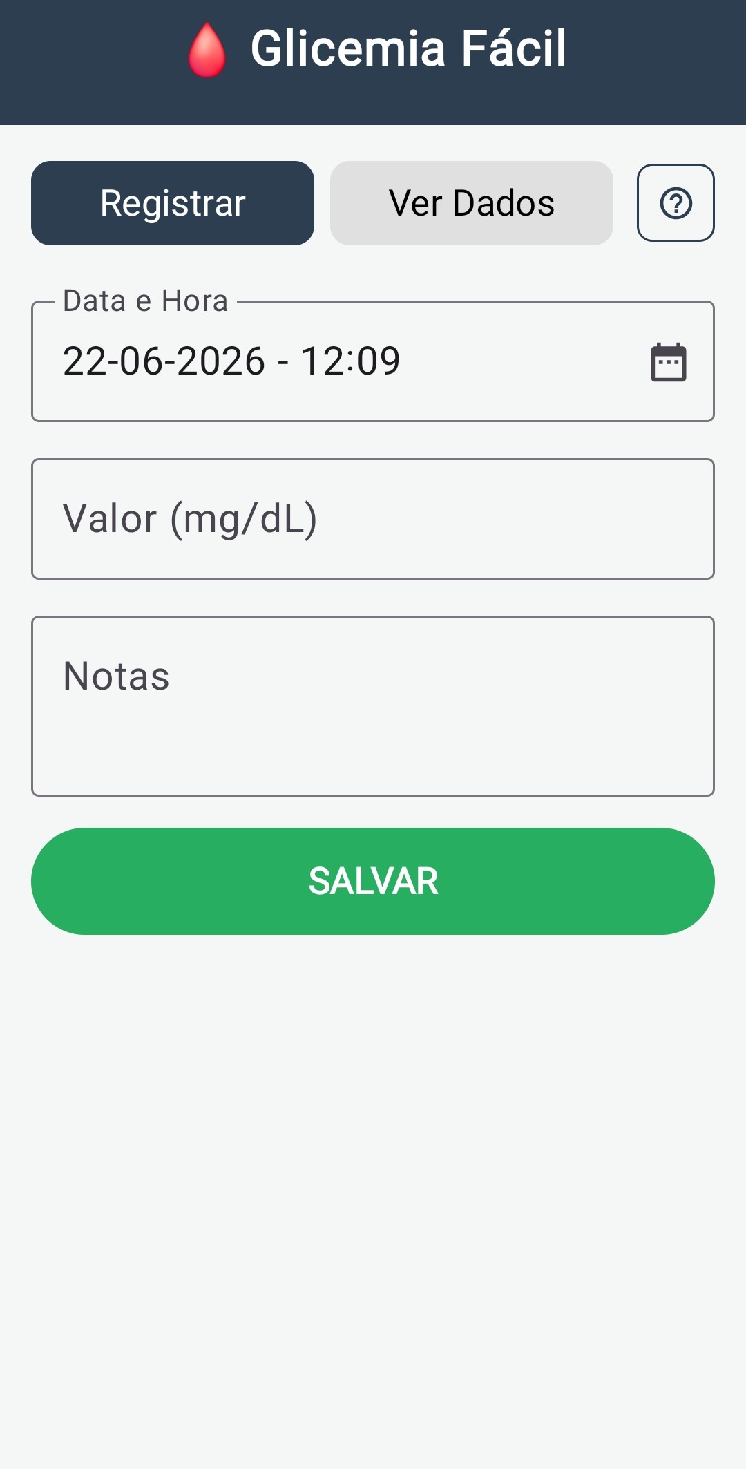 Tela de registro do aplicativo Glicemia Fácil