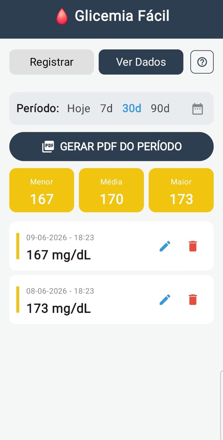Tela de relatórios e estatísticas do aplicativo Glicemia Fácil